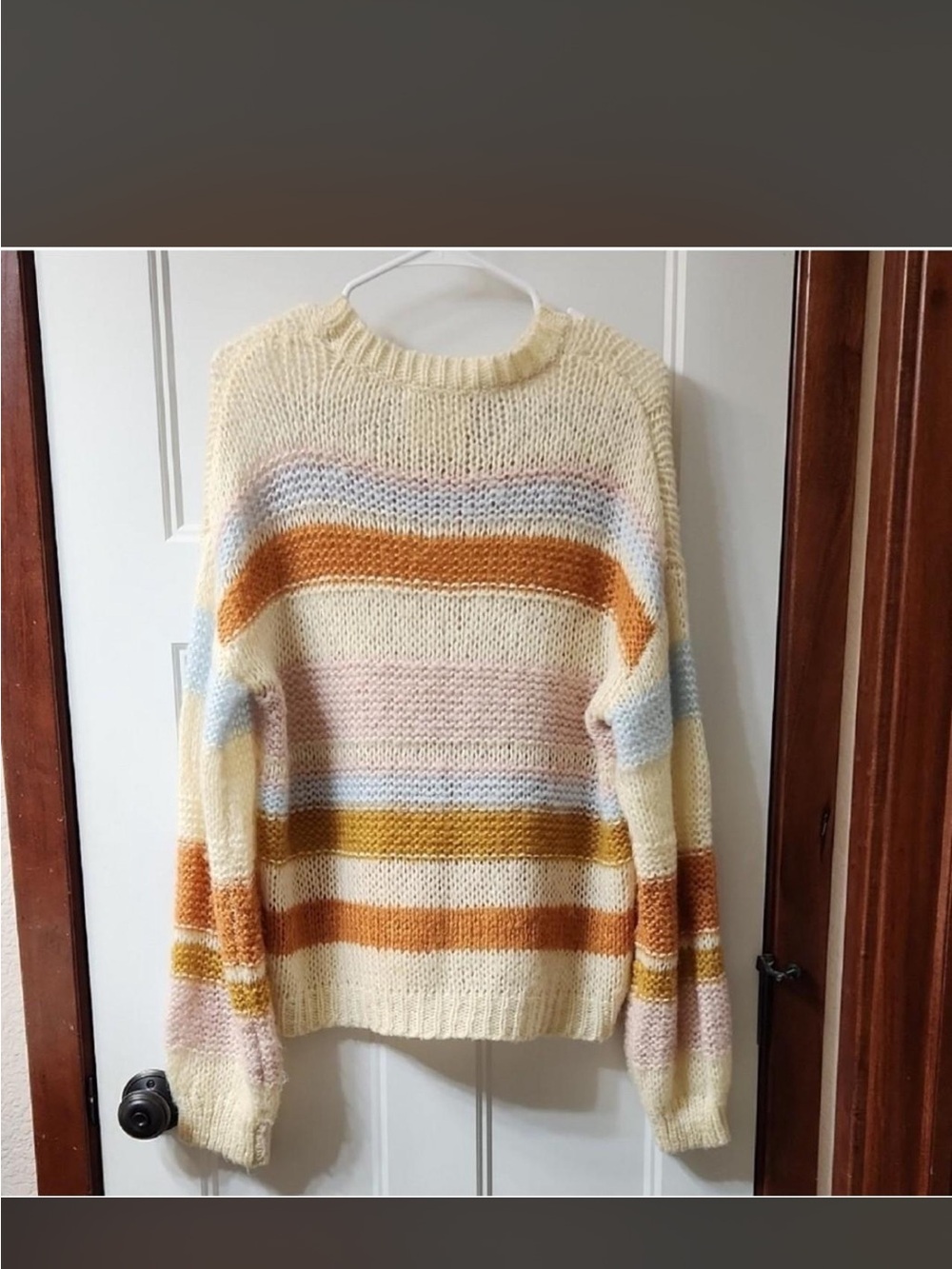 Anthropologie Cream Sweater with Rust, Mustard, Pale Pink & Light Blue Stripes